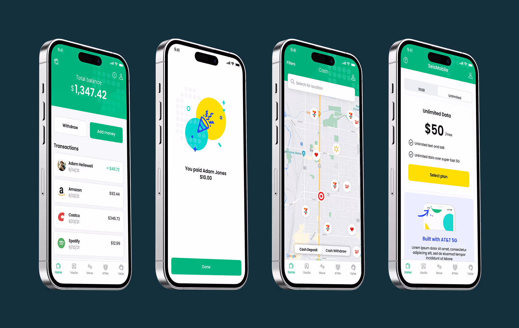Four phone screens show the Seis app homepage, money transfer, cash deposit map, and SeisMobile plan options