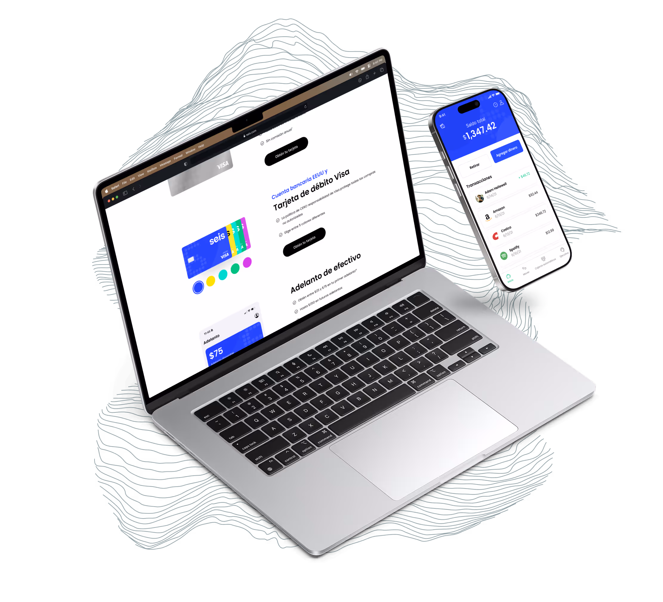 Card offerings on the marketing site and the app homepage, showing a user's total balance and recent transactions