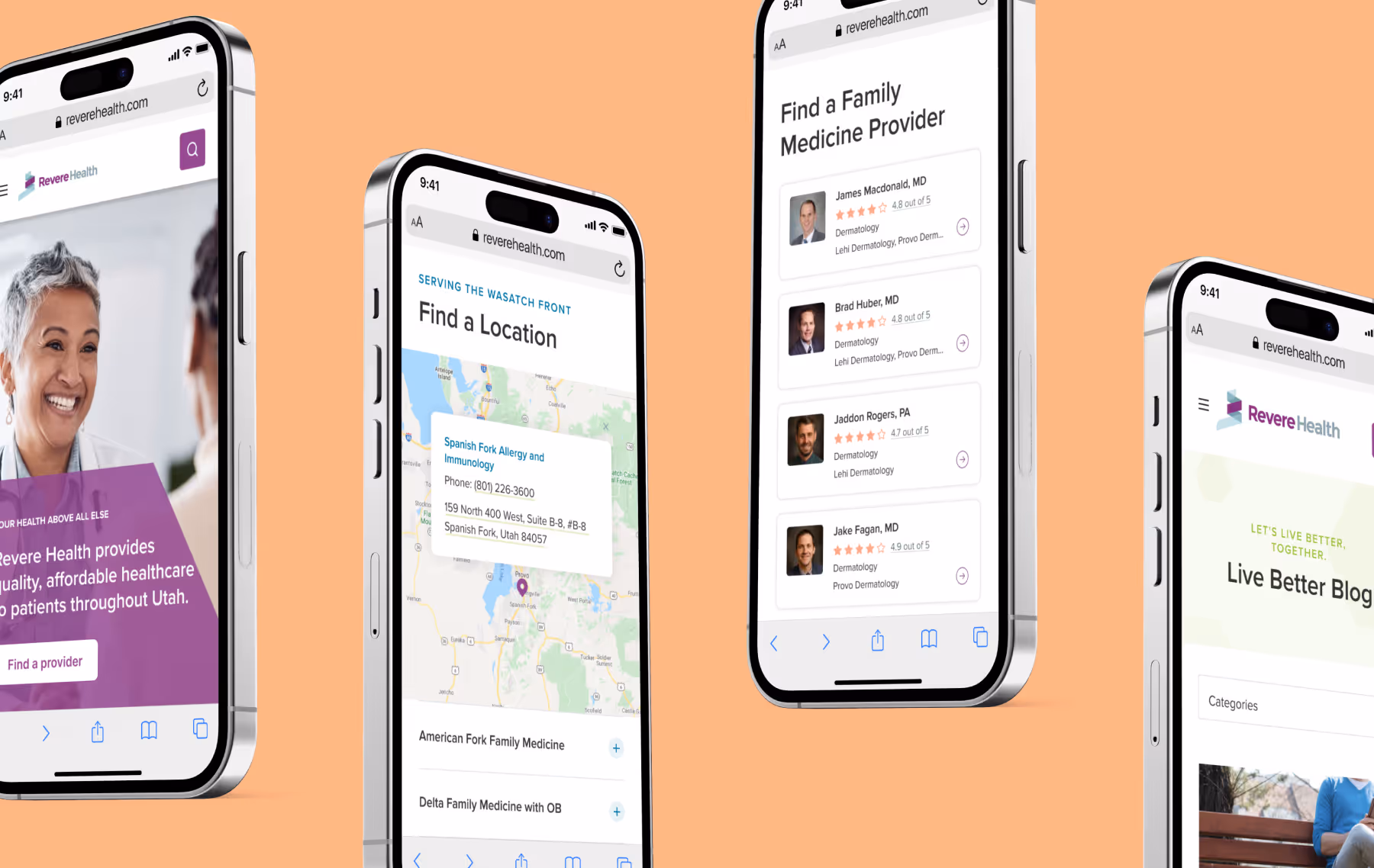 Four phone screens show the mobile home page, location search, provider search, and blog