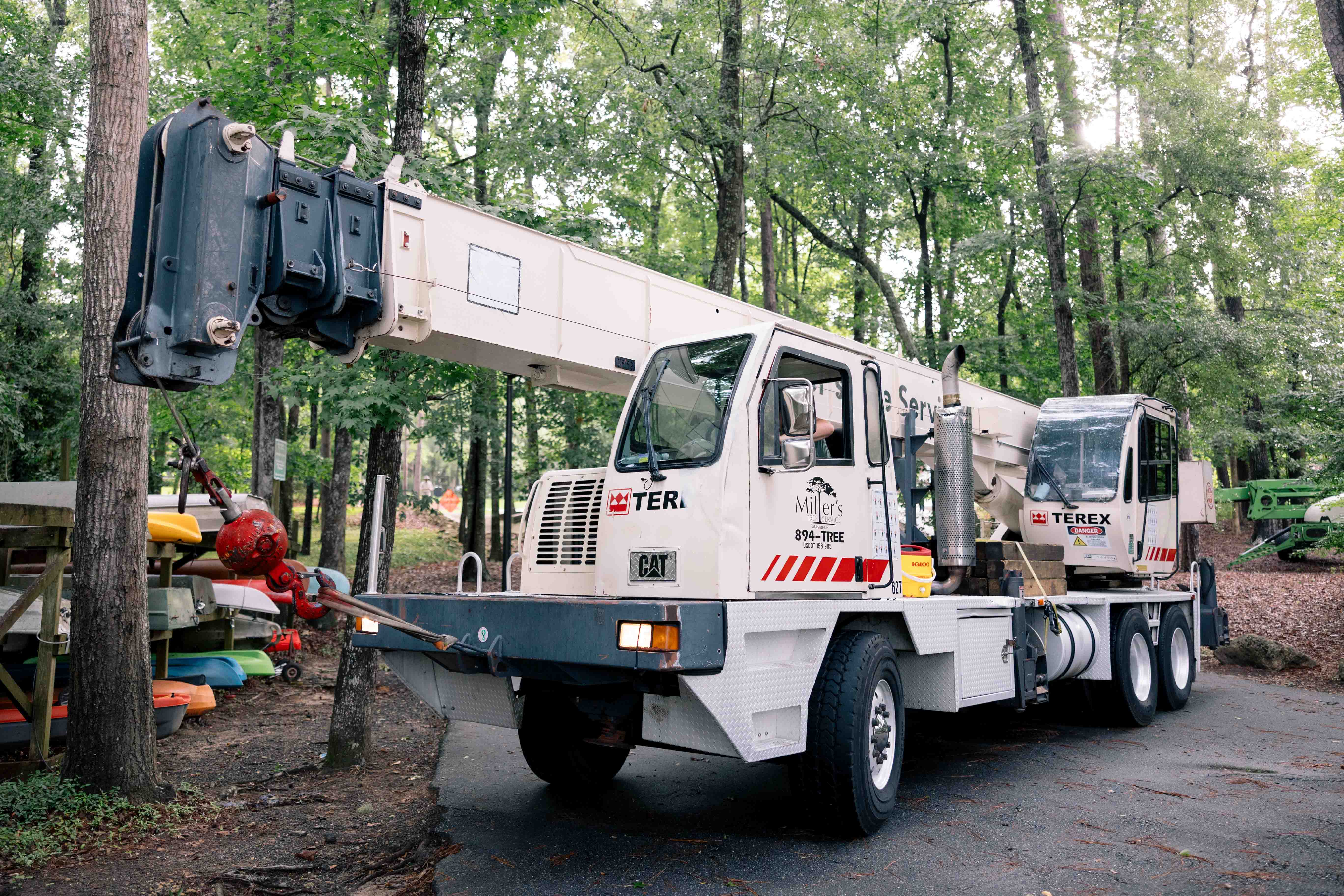 Miller's Tree Service crane removing a large tree during emergency tree service in Tallahassee, FL