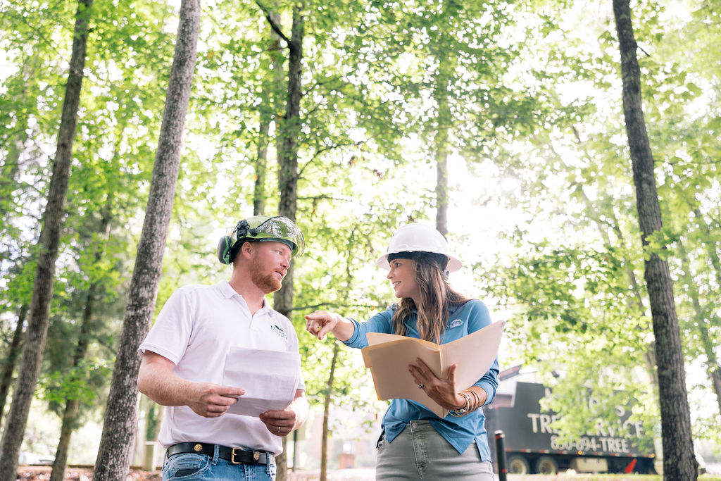 Miller's Tree Service arborist inspecting a hazardous tree on a residential property in Tallahassee FL