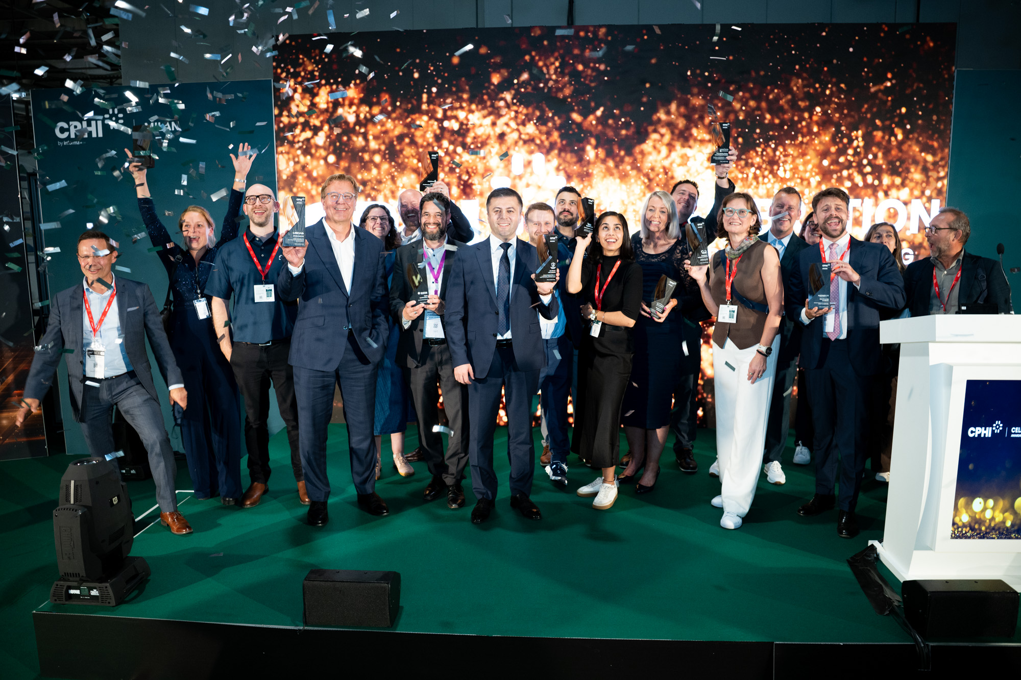 The 2026 CPHI Pharma Awards winners on stage at the CPHI Celebration in Milan, ForgeStop among them