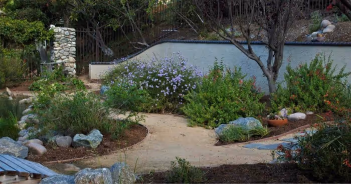 A little purple shed with clean modern appeal is surrounded by a beautiful garden full of purple, yellow, and green plants and flowers that perfectly compliment the shed's color.