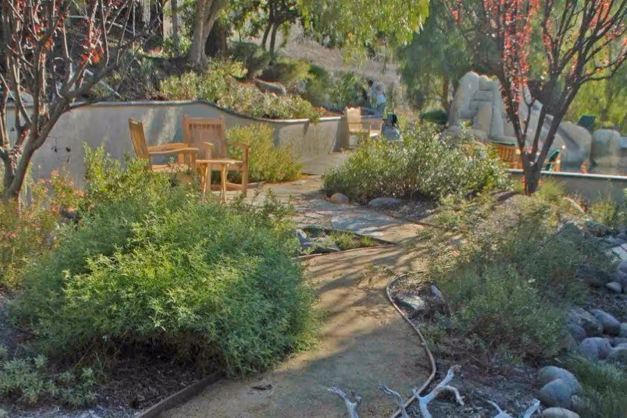 A small grey house is facing the viewer, and nestled in between is a lush natural garden with pink and purple flowers, tidy bunches of succulents and grasses, and a beautiful white bougainvillea arching over the frontage of the grey house like shaggy bangs.