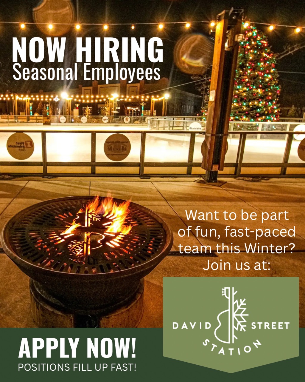 Now hiring winter seasonal employees at David Street Station. Apply now; positions fill up fast.