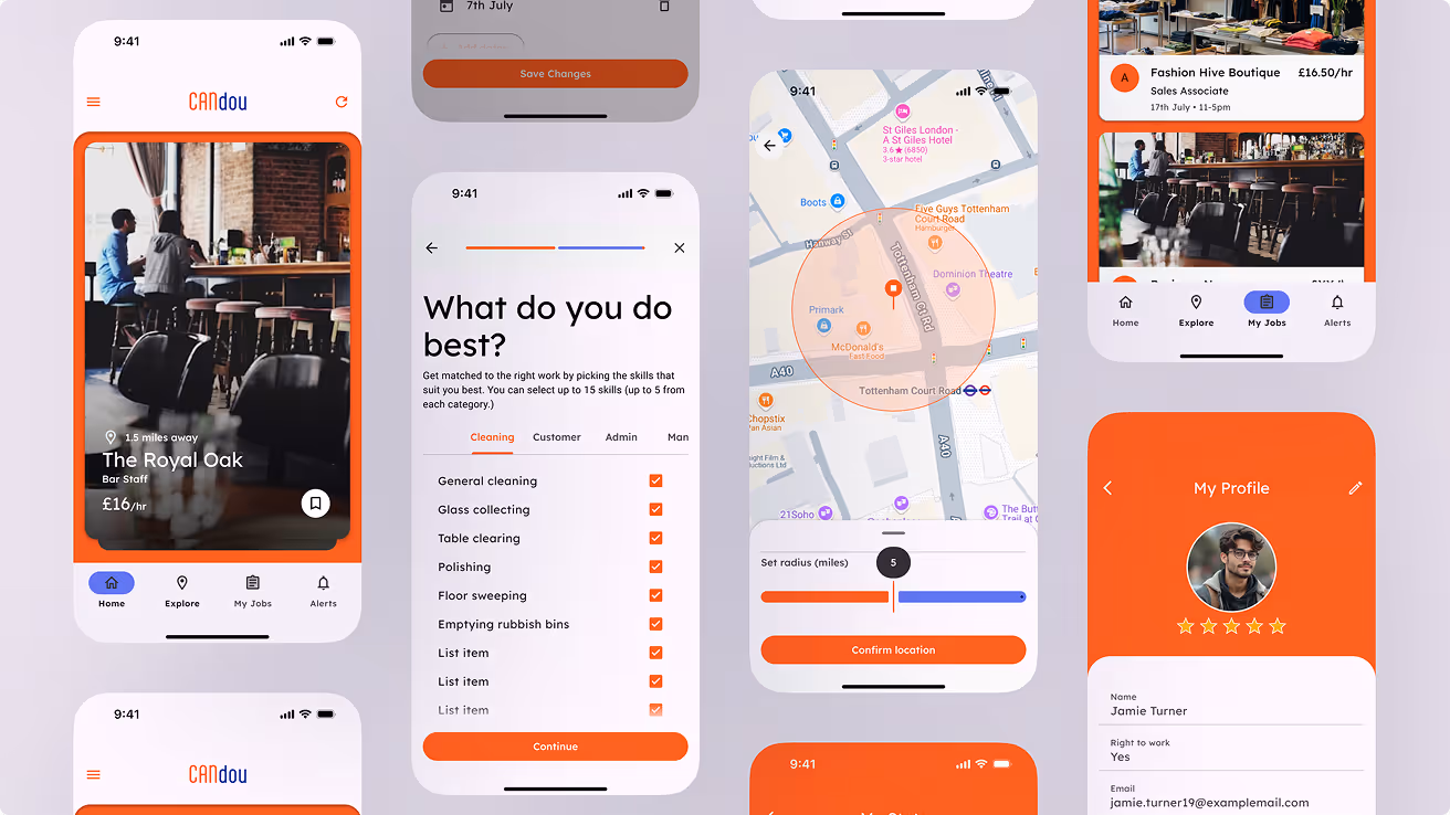 Mobile app interface showing job listings, skill selection, location map with radius setting, job details, and user profile.