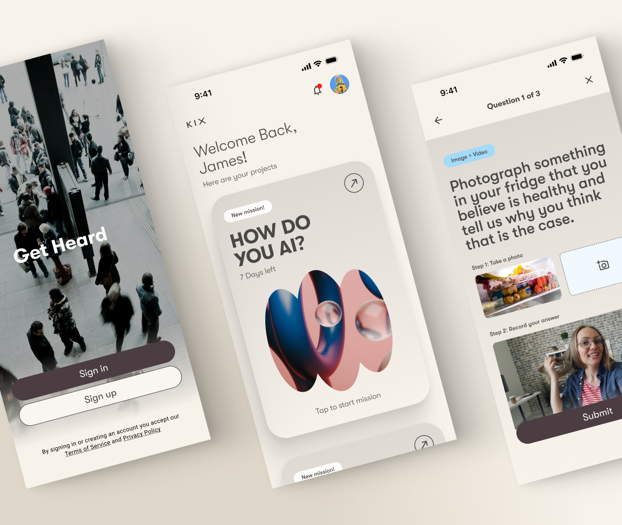 Three mobile app screens showing user sign-in, a project dashboard with a mission called 'How Do You AI?', and a task asking to photograph and explain healthy fridge contents.