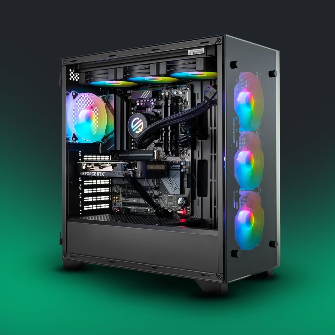Una computadora de escritorio, con luces RGB en sus ventiladores, descubierta con todos sus componentes a la vista