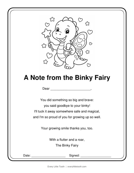Binky Fairy note preview with a fairy dinosaur holding a pacifier