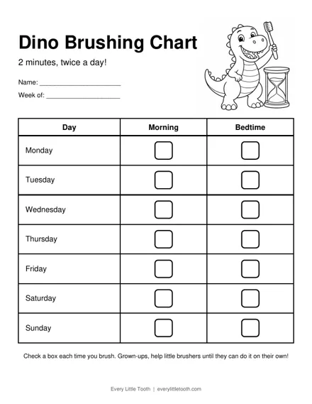 Dino Brushing Chart preview with morning and bedtime boxes for each day of the week