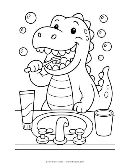 Coloring sheet preview: a smiling T. rex brushing its teeth at the sink