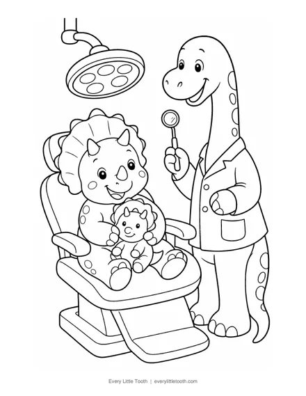 Coloring sheet preview: a little triceratops in the dental chair with a friendly dino dentist