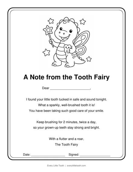Tooth Fairy note preview with a fairy dinosaur holding a tiny tooth