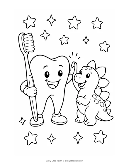 Coloring sheet preview: a happy tooth holding a toothbrush and high-fiving a baby stegosaurus