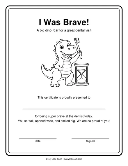 I Was Brave certificate preview with a smiling dinosaur holding a toothbrush