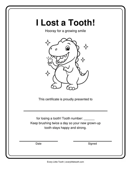 Lost tooth certificate preview with a happy T. rex holding up a tiny tooth