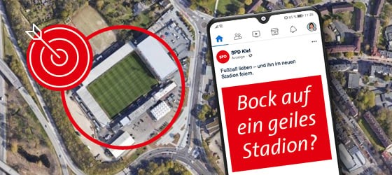 SPD-Kampagnengrafik mit Smartphone-Mockup und Zielscheiben-Symbol über Stadion-Luftaufnahme – Symbolbild für digitalen Wahlkampf, Social-Media-Kampagnen, politische Kommunikation und datengestützte Kampagnenstrategie – ASK 