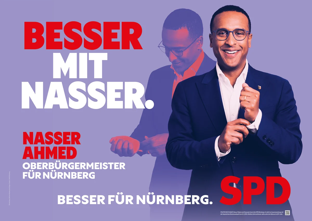 Modernes SPD-Wahlplakat zur Oberbürgermeisterwahl in Nürnberg: Kandidat Nasser Ahmed in dynamischer Pose mit dem Kampagnenslogan Besser mit Nasser – professionelles Plakatdesign für den Kommunalwahlkampf 2026 – ASK