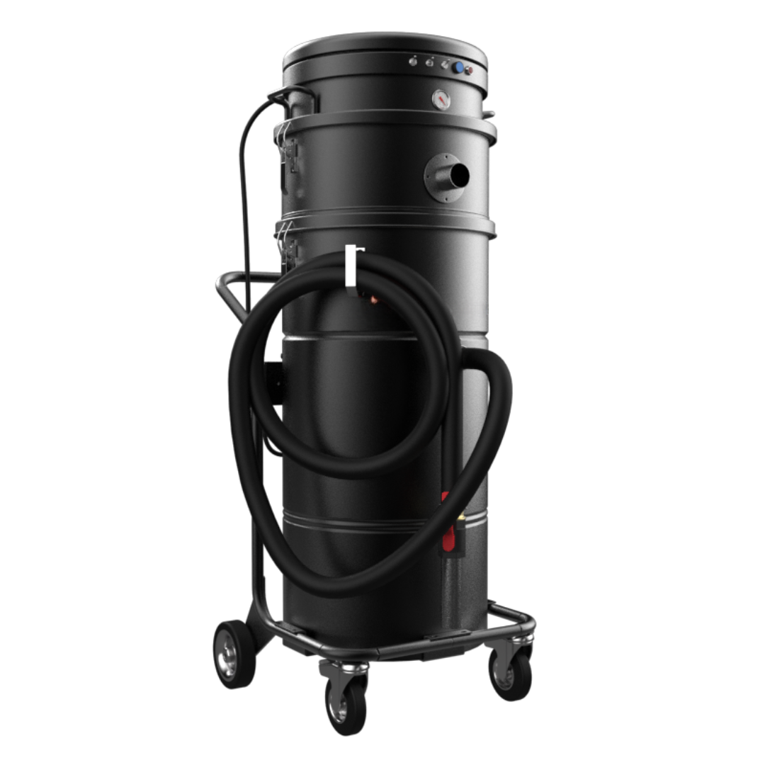 Tall industrial vacuum cleaner with black cylindrical body, large hose coiled around it, and wheels for mobility.