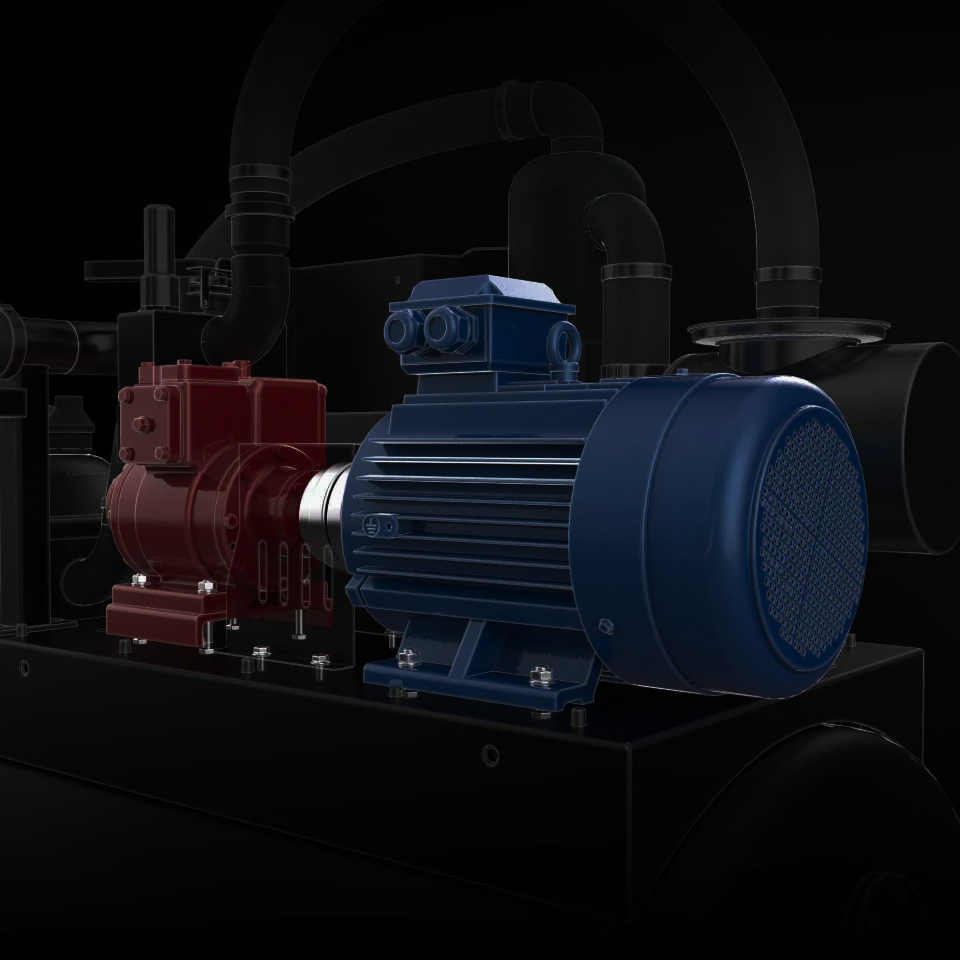 Industrial suction unit with a blue electric motor connected to a red pump mounted on a black base.