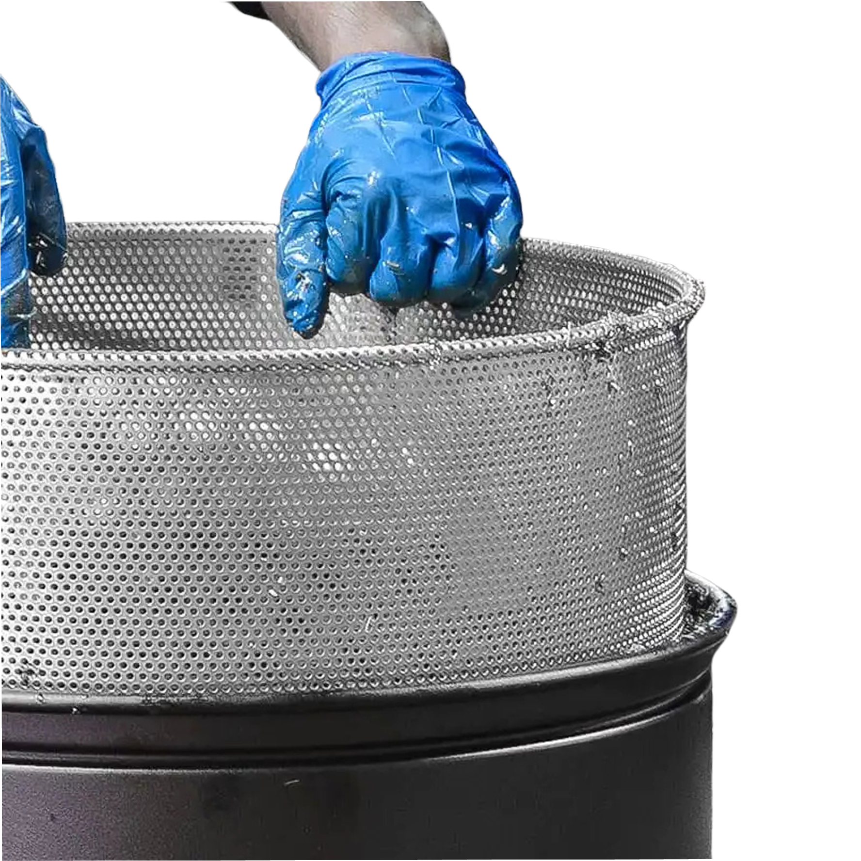 Hands wearing blue gloves holding a cylindrical metal mesh basket above a black container.