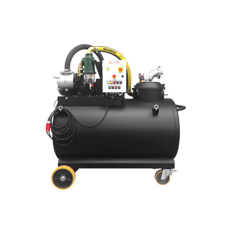 Industrial black cylindrical machine with control panel, hoses, and wheels.