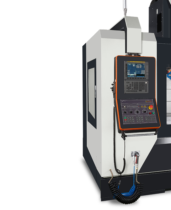 Close-up of the control panel and part of a CNC machining center with display and buttons.