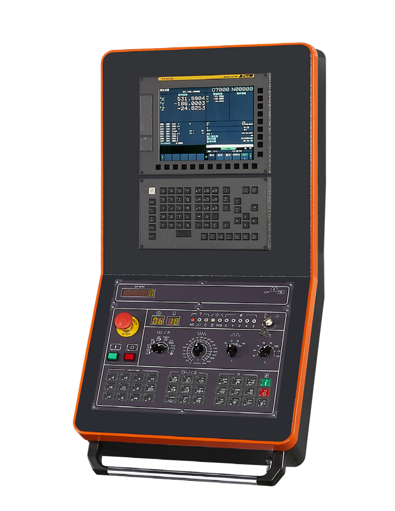 FANUC industrial machine control panel with screen, keypad, emergency stop button, and various control dials and buttons.