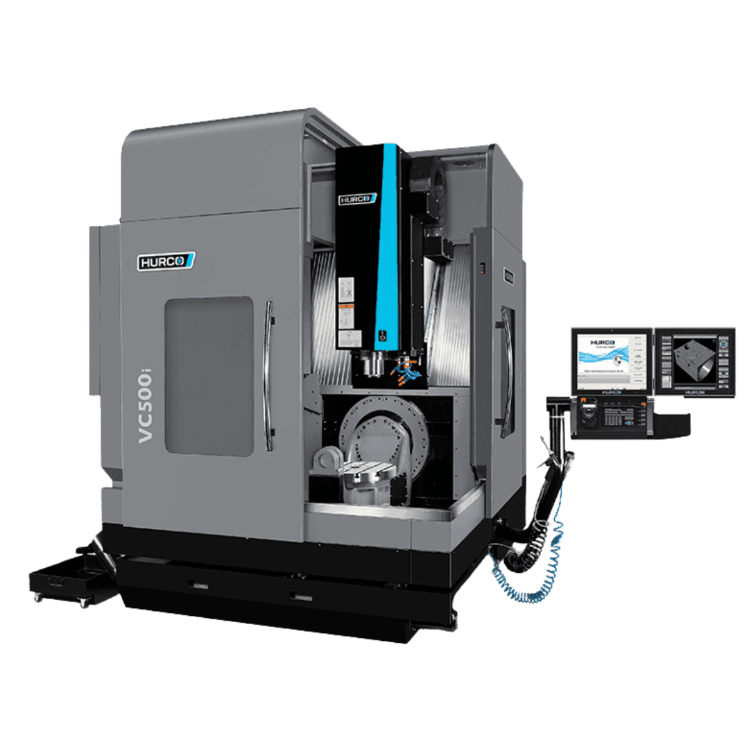 Hurco VC500i CNC vertical machining center with control panel and dual monitors.
