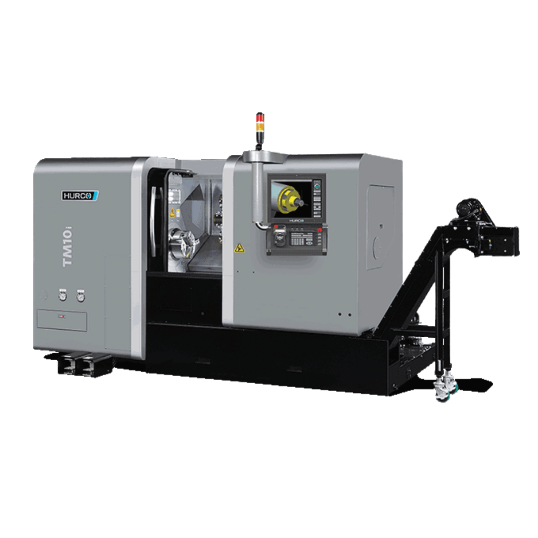 HURCO TM10i CNC lathe machine with control panel and automatic chip conveyor.