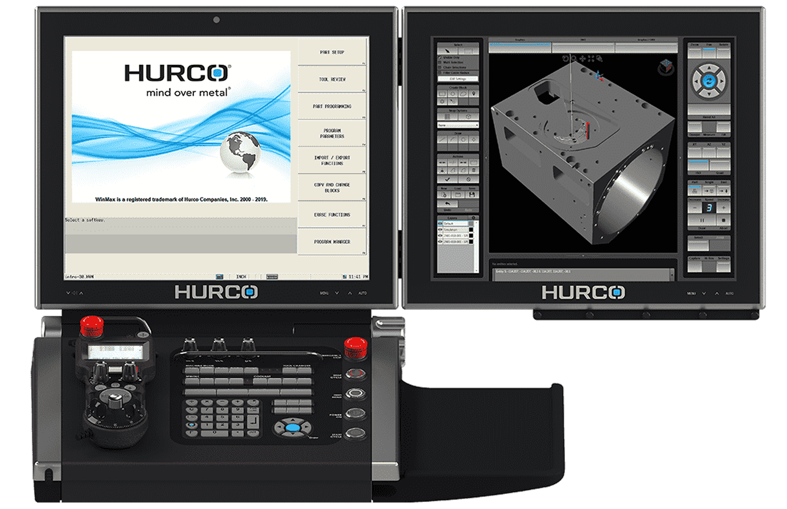 Hurco CNC control system with dual screens showing software interface and 3D metal machining design.