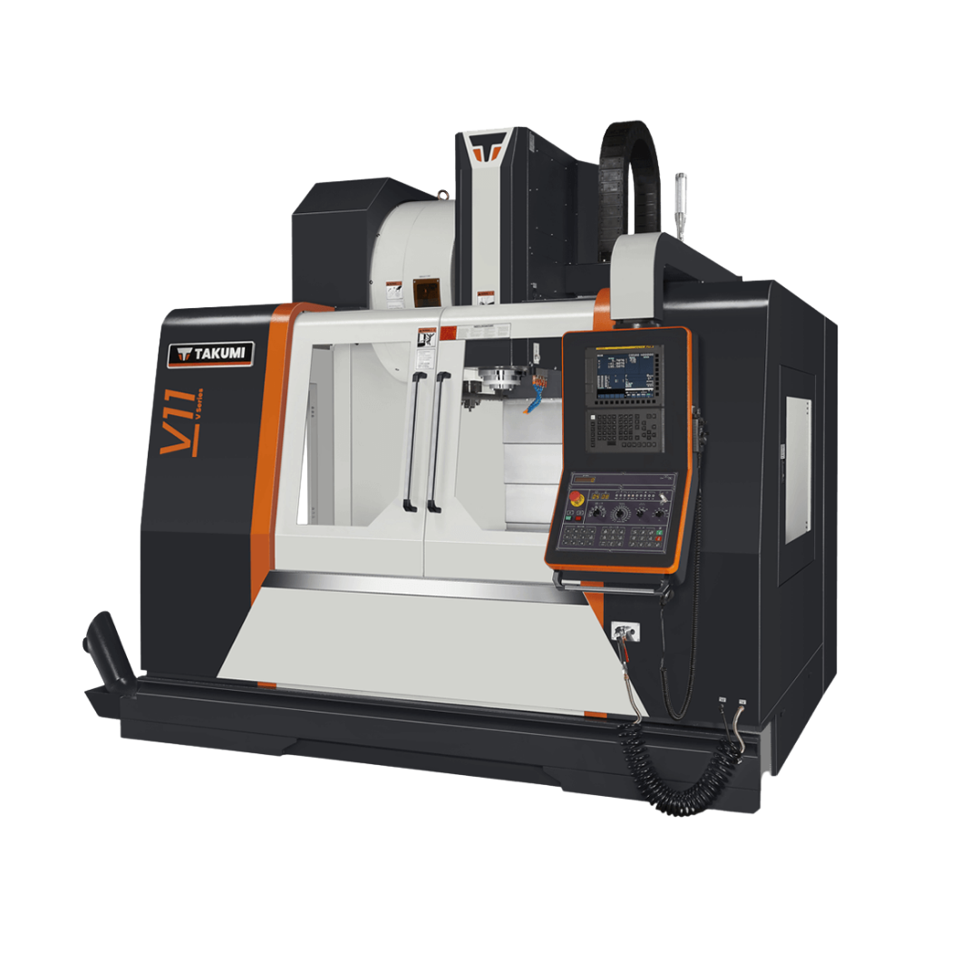 Takumi V11 vertical CNC milling machine with control panel and open doors showing spindle inside.