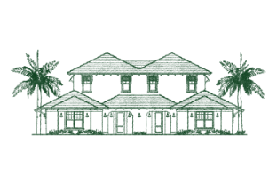 Green architectural sketch of a two-story house with palm trees on each side.
