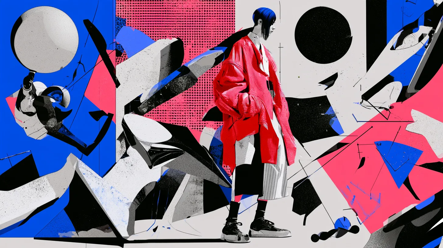 Illustration of a person among bold abstract shapes