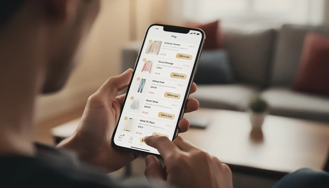 A person is using a smartphone to browse through product listings for online shopping, with various items and prices displayed on the screen. This scene reflects the growing trend of digital advertising, including shopping ads and pay-per-click (PPC) marketing, as consumers engage with products through their devices.