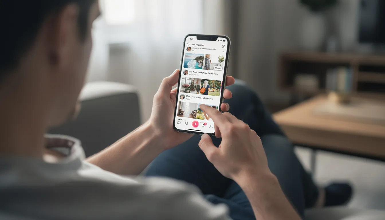 A person is intently scrolling through their social media feed on a mobile device, engaging with various posts from social media influencers. The scene reflects the growing influence of social media platforms in shaping purchasing decisions and brand visibility through influencer marketing campaigns.