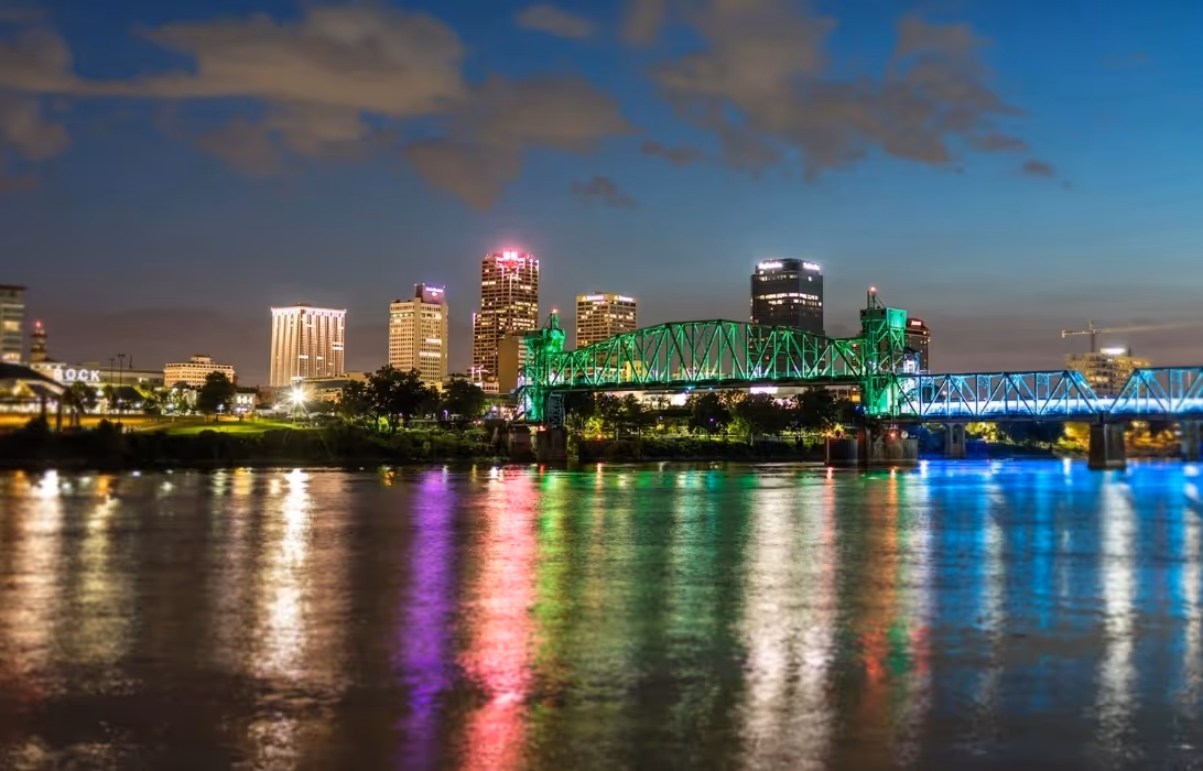 Beautiful picture peering at Downtown Little Rock from the River.