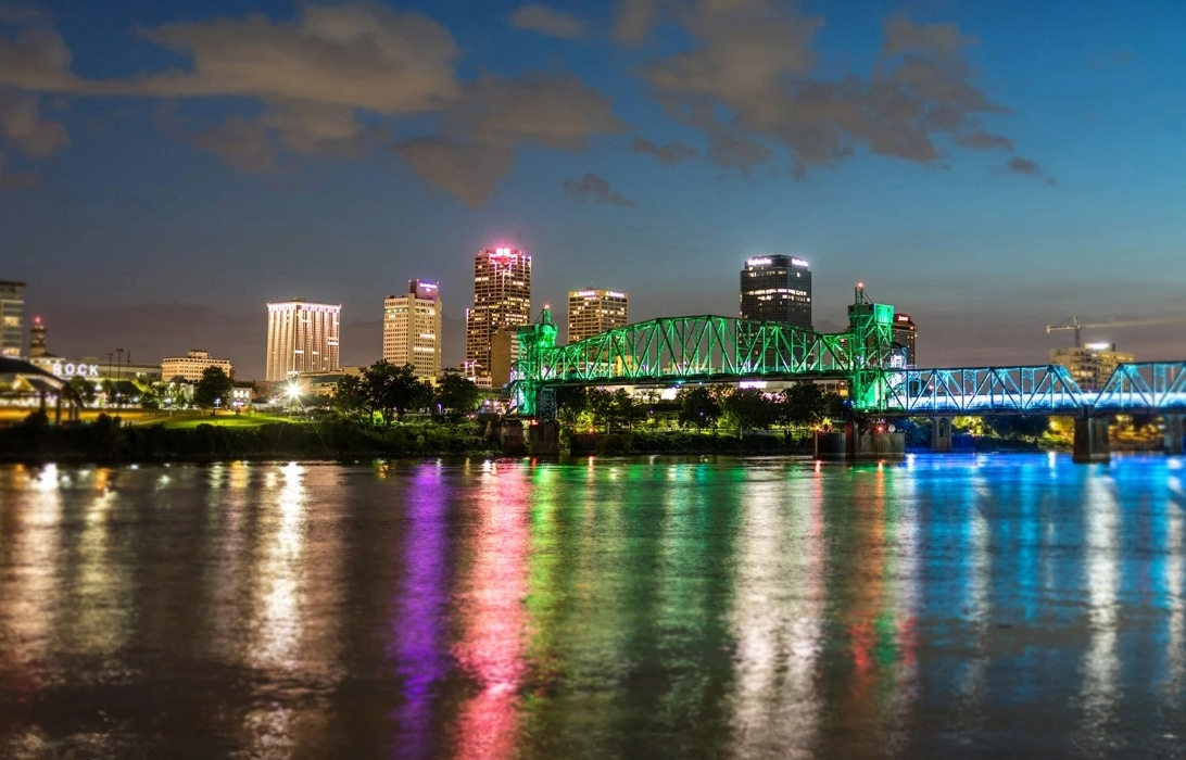Beautiful picture peering at Downtown Little Rock from the River.
