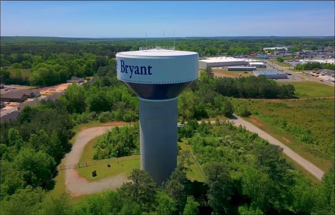 A drone view of the Bryant Water Tower.