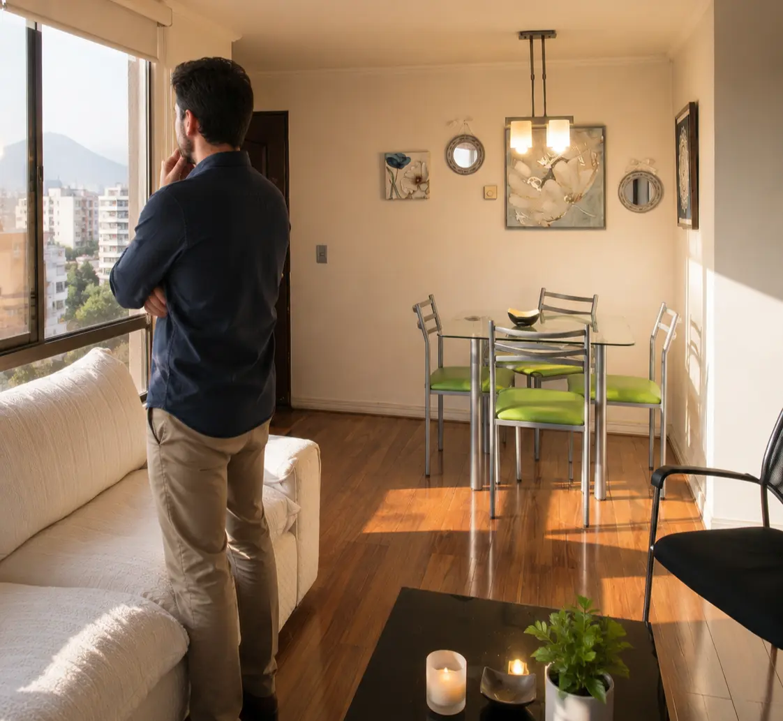 Un hombre pensando en el living de un departamento moderno