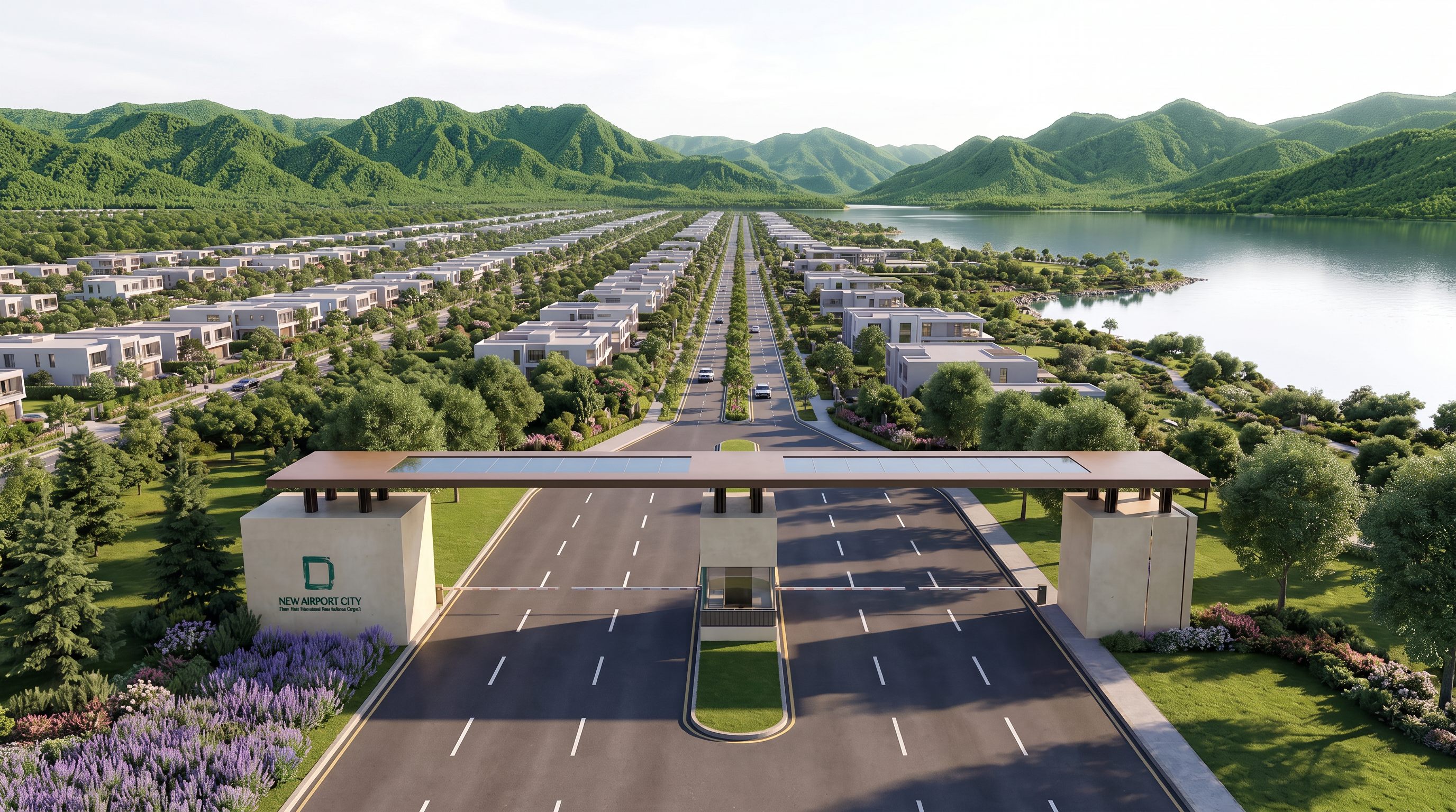 Aerial view of the green New Airport City gated community