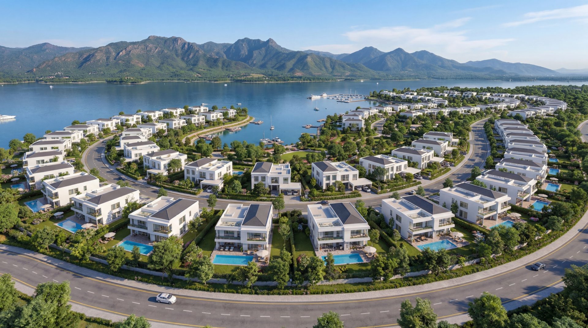Lakefront villas in the New Airport City master plan (illustrative render)
