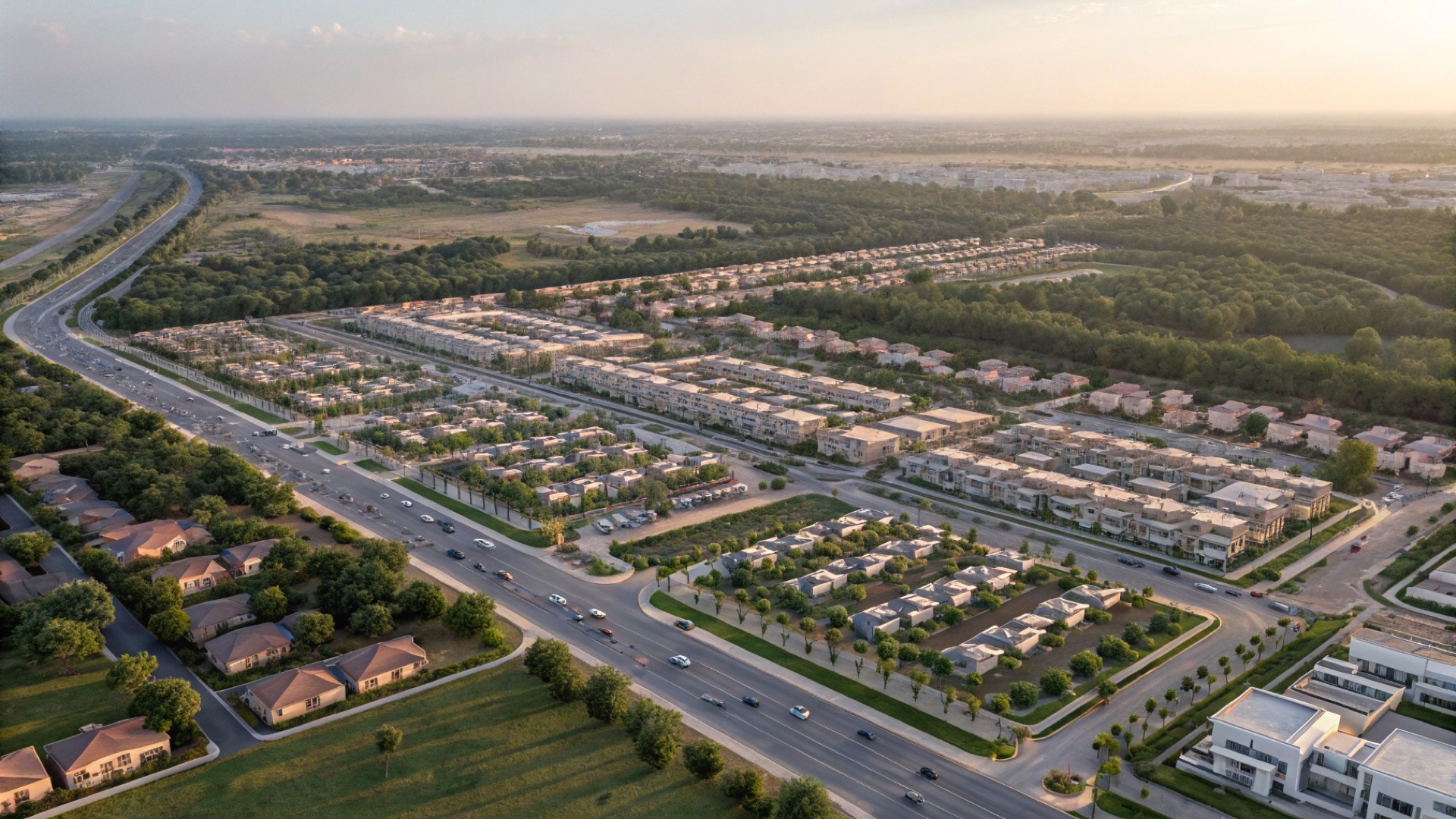 Aerial view of New Airport City homes beside the main access road (illustrative render)