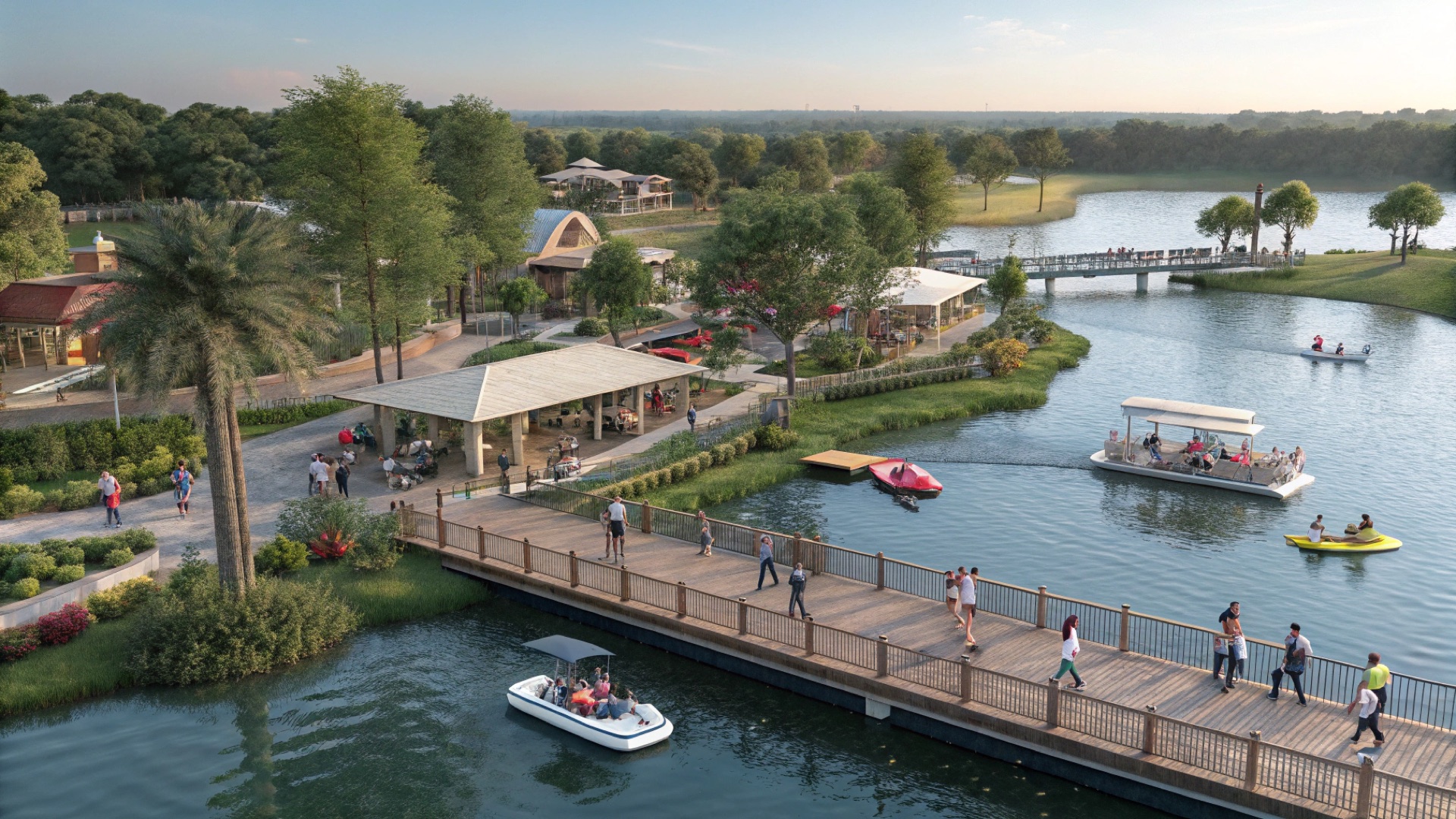 Lakeside promenade with boats and green spaces in the New Airport City master plan (illustrative render)