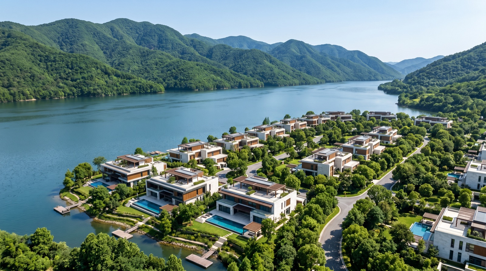 Lakefront farmhouse villas beside the lake in the New Airport City master plan (illustrative render)