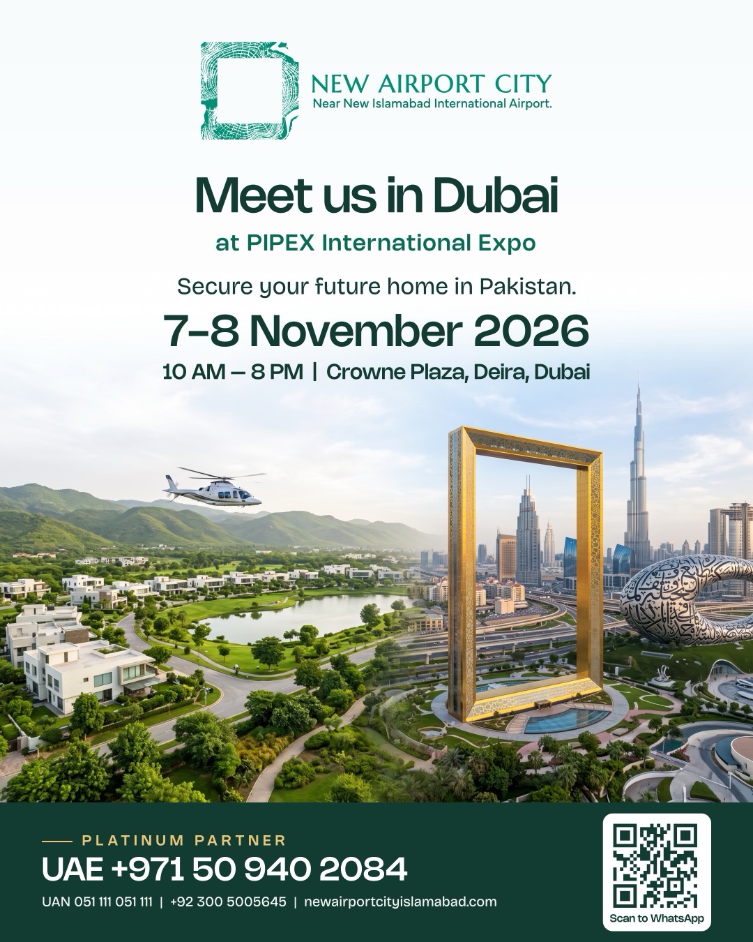New Airport City at PIPEX Dubai 2026, Islamabad lakes and Dubai Frame, 7-8 November, Crowne Plaza Deira (illustrative render)