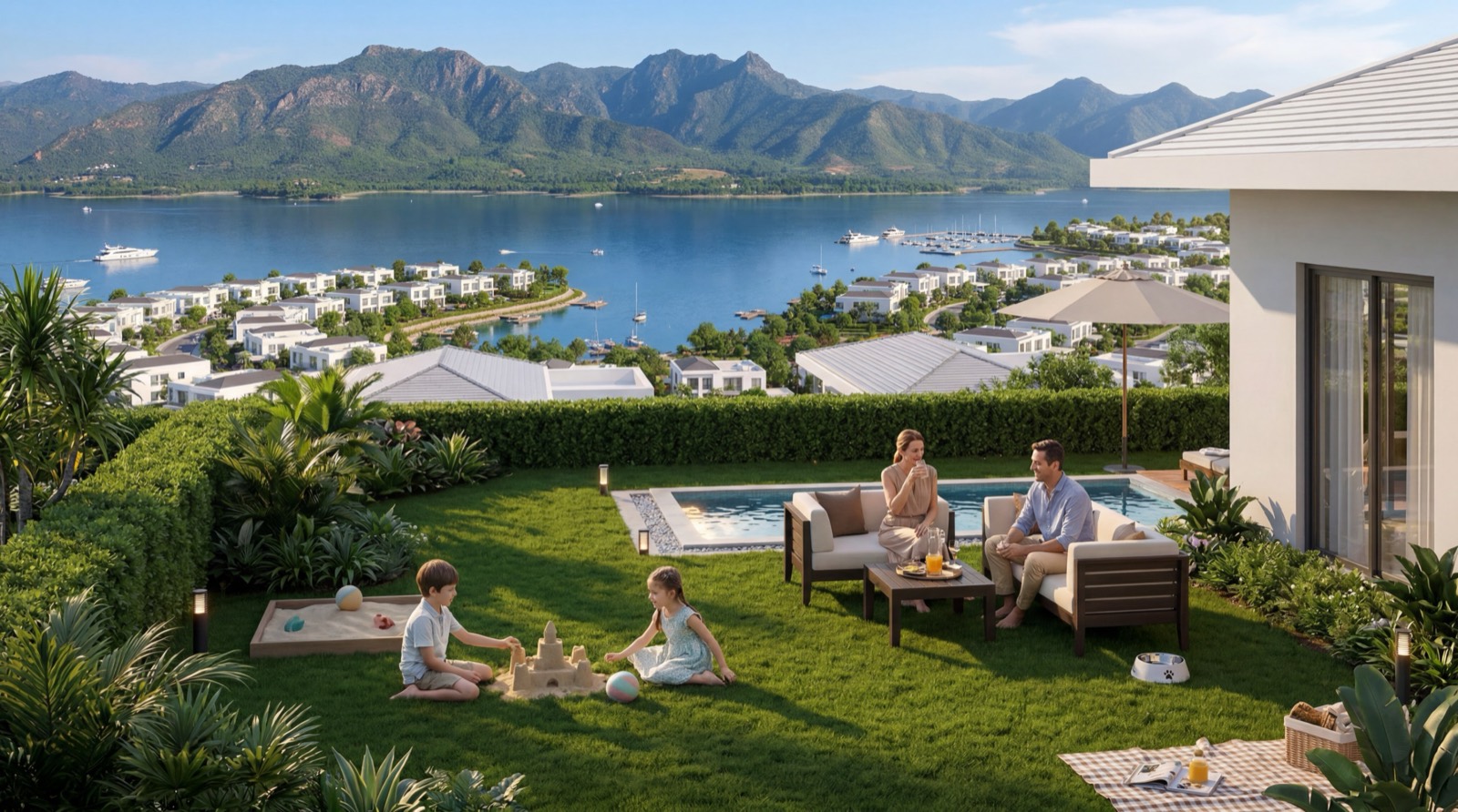 Family on the lawn of a lakefront farmhouse with the lake and hills beyond at New Airport City (illustrative render)