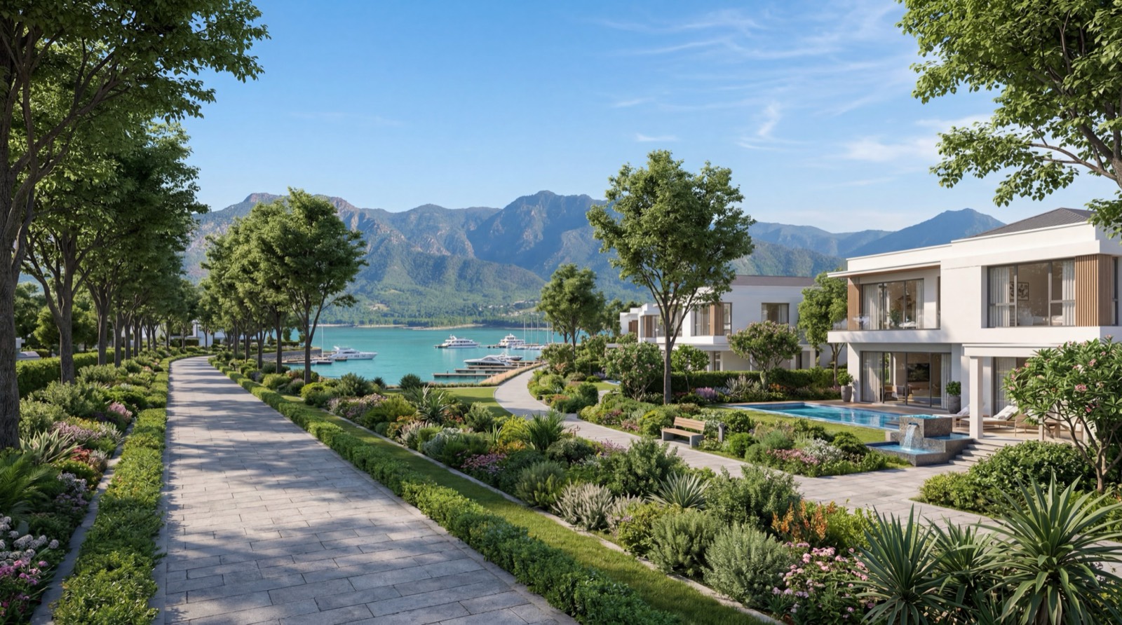 Tree-lined promenade leading to the lake and mountains beside lakefront homes at New Airport City (illustrative render)