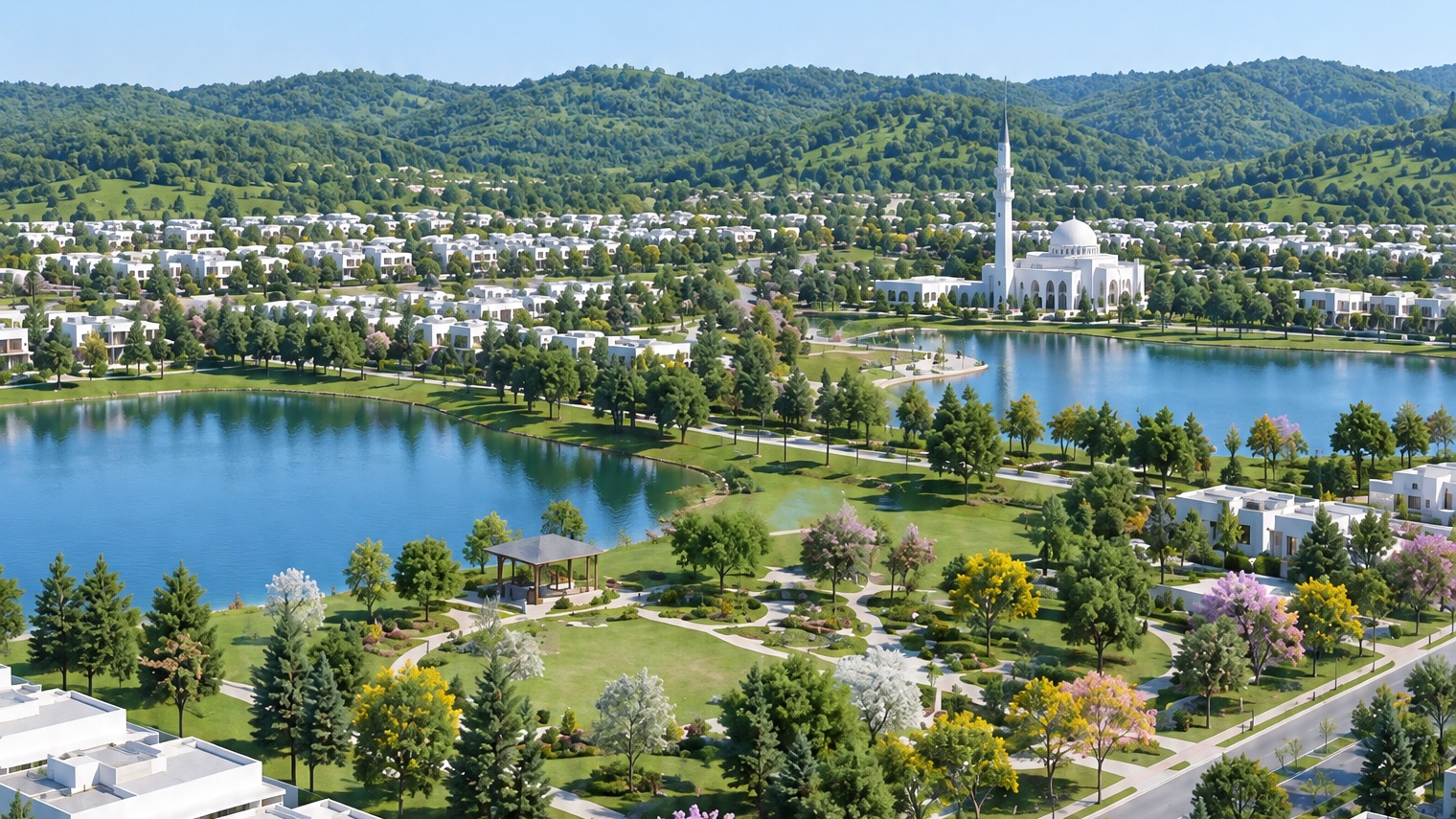 Lakes, a mosque, white homes and green hills in the New Airport City master plan (illustrative render)