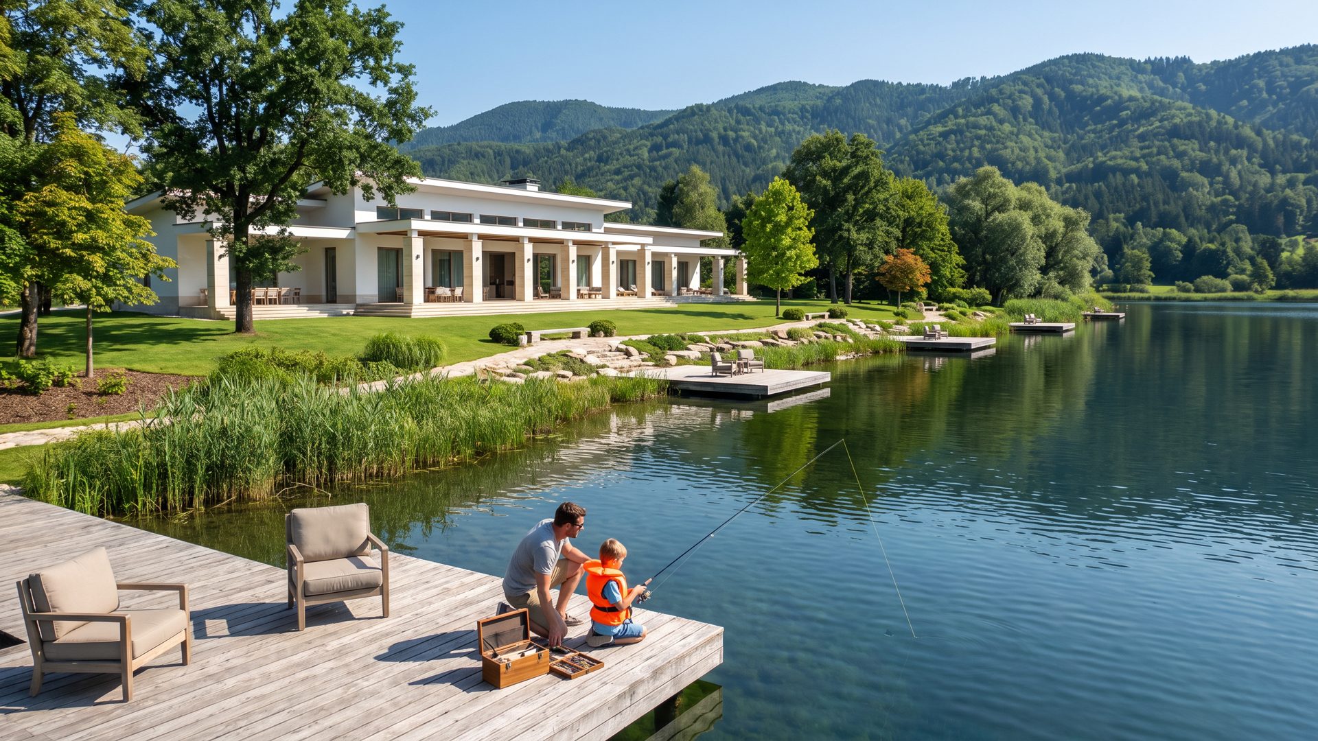 A lake with a fishing deck, lawn and lush green hills in a New Airport City illustrative render